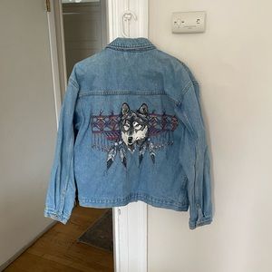 Vintage Wolf Native Print Denim Jean Jacket